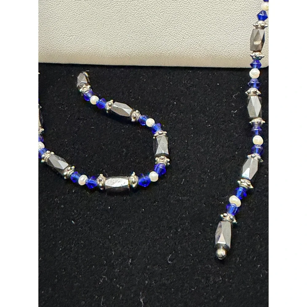Hematite Style Beaded Long Necklace Blue Crystal White Pearl‎ Gunmetal Tone 36in